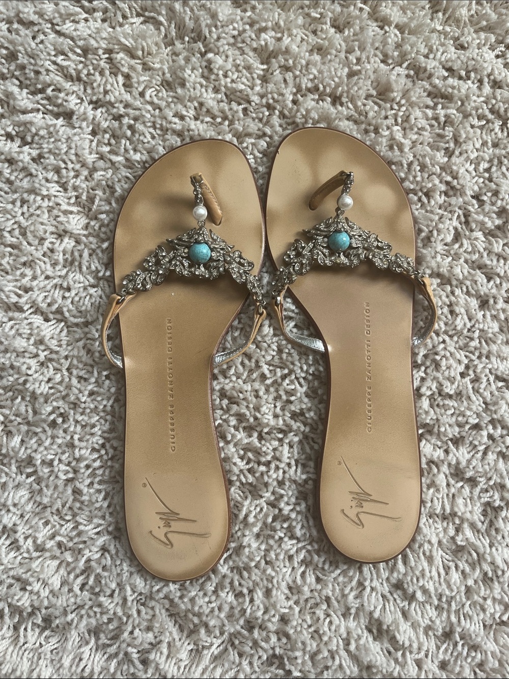 Giuseppe Zanotti Tan Leather Sandals with Turquoise and Crystal Accents